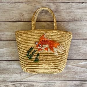 Vintage Kids Woven Straw Bag with Fish